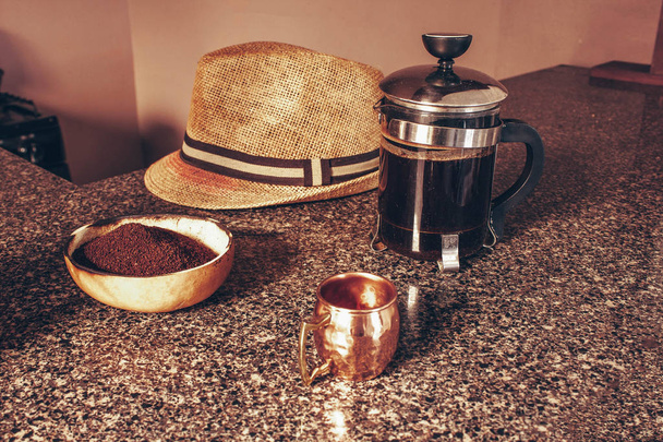 espresso coffee cup and french coffee maker with handmade ground coffee bowl and Cuban hat - Photo, Image