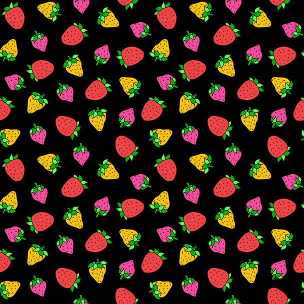 Doodle yellow, pink and red strawberry berries isolated on black background. Seamless vector pattern for printing and web pages - Vetor, Imagem