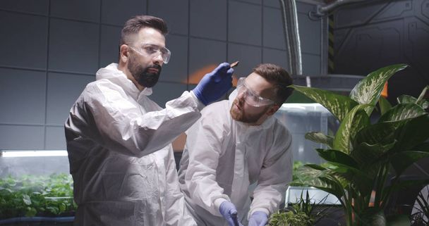 Due scienziati che esaminano il terreno del giardino marziano
 - Foto, immagini