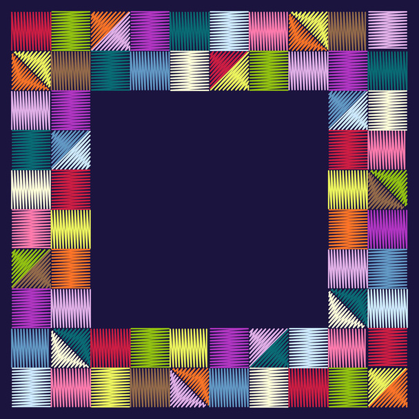 Un marco cuadrado de pequeños cuadrados multicolores bordados se encuentra sobre un fondo azul oscuro. En blanco con espacio de copia para las redes sociales
 - Vector, Imagen