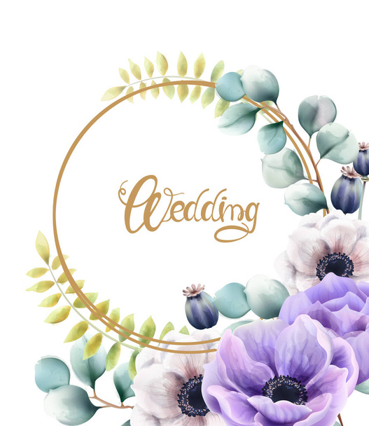 Watercolor flowers and leaves wedding greeting card - Vecteur, image