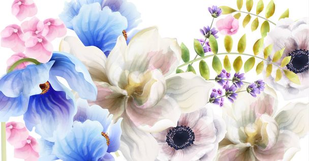 Watercolor flowers and leaves - Vector, Imagen