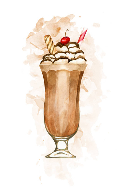 Watercolour chocolate milkshake hand drawn illustration on brown paint splashes - Foto, immagini