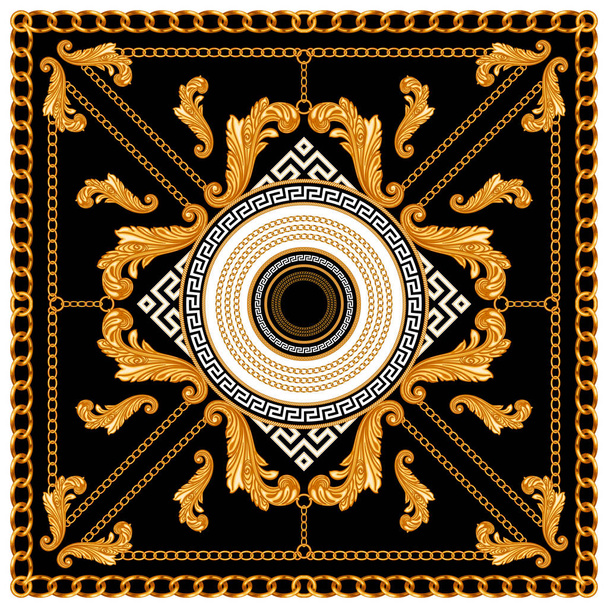 Sjaal gouden barok design met kettingen voorzijde afdrukken. Vierkante mode afdrukken. Vintage stijl patroon klaar voor textiel. Op zwarte achtergrond. - Foto, afbeelding