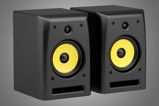 two black audio speakers isolated on gray background - Photo, Image