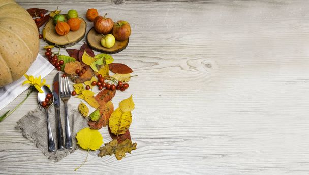 カボチャ、秋の葉、テーブルの設定、フィサリス、トップビュー、コピースペースと感謝祭の夕食の背景。バナー - 写真・画像