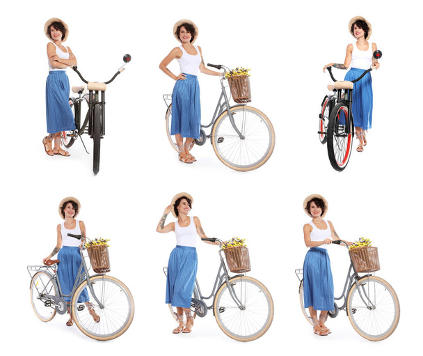 Collage of beautiful young woman with different bicycles on white background - 写真・画像