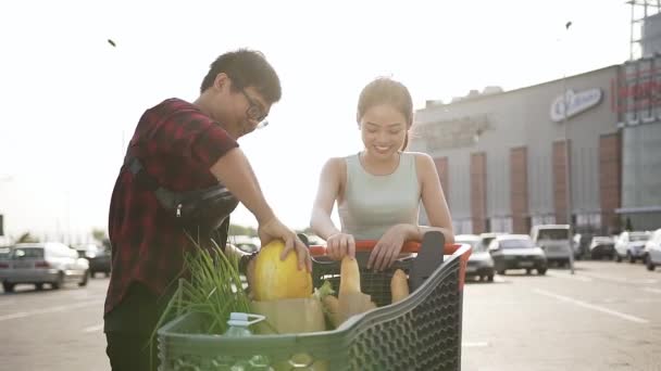 Spokojení Vietnamští lidé stojící poblíž tržního vozíku s různými výrobky a užívající si výběr melounů - Záběry, video
