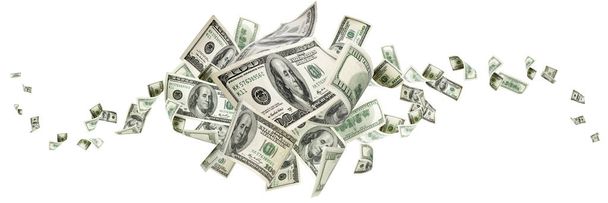 Money stack. Hundred dollars of America. Falling money isolated, us bill. - Photo, Image