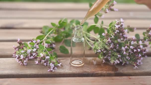 Essenz von Lavendelblüten auf dem Tisch in schöner Glasflasche - Filmmaterial, Video