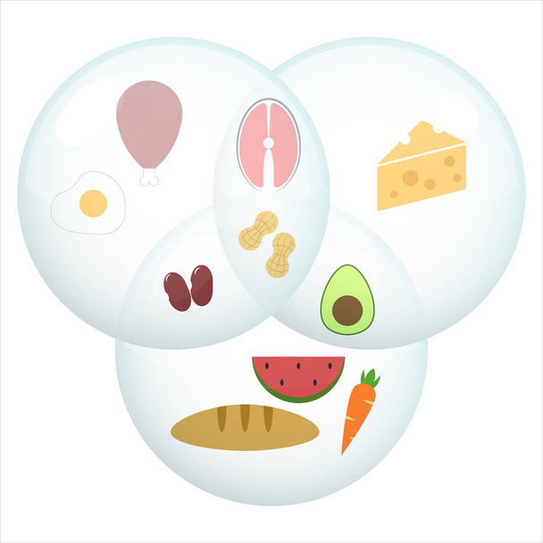 Lebensmittel Symbole Vektordesign. Makronährstoffe in verschiedenen Nahrungsmitteln Vektor Illustration - Vektor, Bild