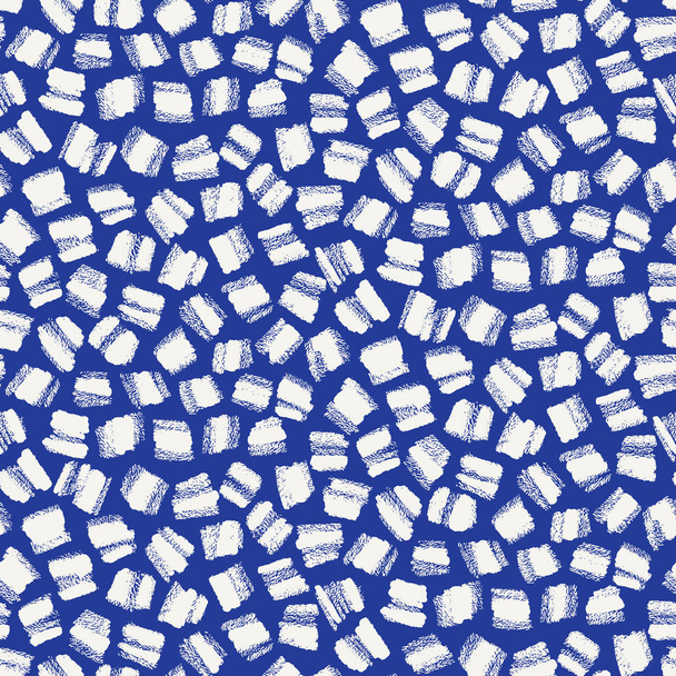 Bezszwowy wzór. Ręcznie rysowane złamane grunge kwadratowe tło. Monochromatyczne teksturowane pociągnięcie pędzla Delft niebieski biały na całej próbce druku - Wektor, obraz