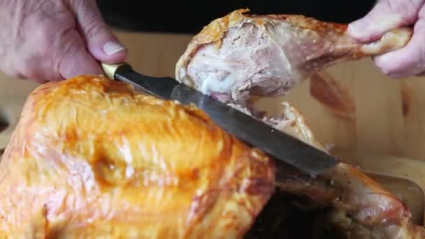 A man cuts a Thanksgiving turkey leg - Footage, Video