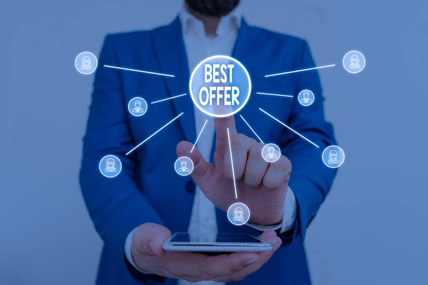 Text sign showing Best Offer. Conceptual photo To convince someone by rendering all the greatness you can give Male human wear formal work suit presenting presentation using smart device. - Photo, Image