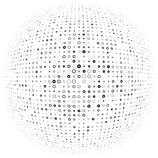 Féltónusú pontok, körök, pontozott elemek. Gömb, gömb vagy gömb torzítás speckles. Szórt sugárirányú, sugárzó felfújat, domború lánc. Polka-dot felfújja design. Körkörös geometriai mintázat, absztrakt körök - Vektor, kép