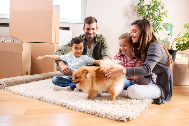 Семья из четырех человек с собакой на ковре в новых квартирах
 - Фото, изображение