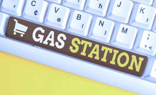 Word writing text Gas Station. Business concept for for servicing motor vehicles especially with gasoline and oil White pc keyboard with empty note paper above white background key copy space. - Photo, Image
