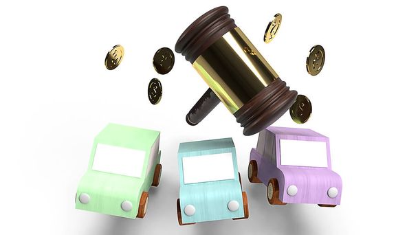 αυτοκίνητα και το σφυρί δικαιοσύνη για δημοπρασία αυτοκινήτων έννοια 3D απόδοση - Φωτογραφία, εικόνα