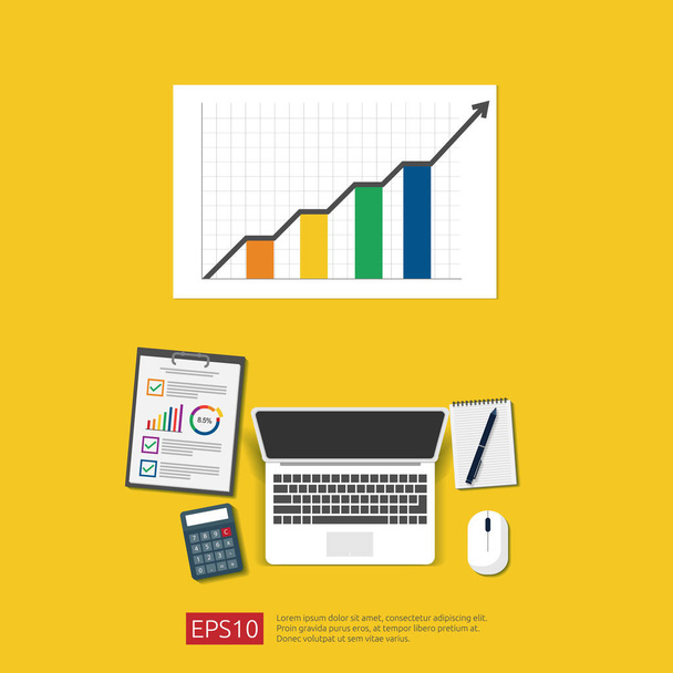Financial Analysis business, financial statistic and management concept. Workplace desk top view with grow up chart bar document, laptop and report. Flat style vector illustration. - Vector, Image