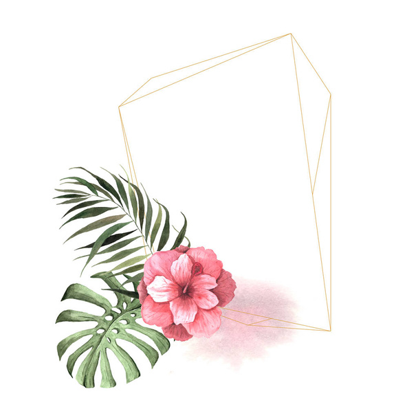 Watercolor tropical floral geometric frame - Foto, afbeelding