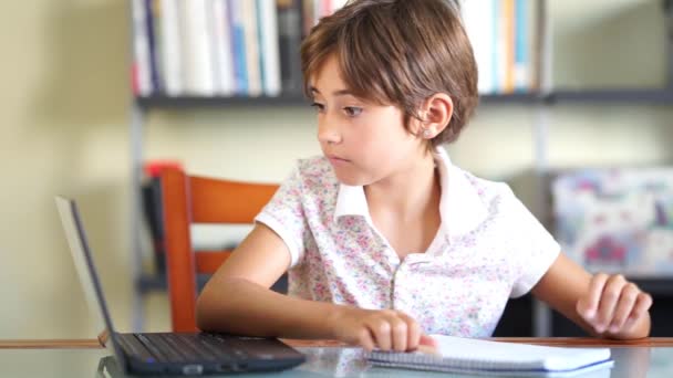 Pikkutyttö tekee läksyjä kannettavan tietokoneen ja muistikirjan kanssa.
. - Materiaali, video