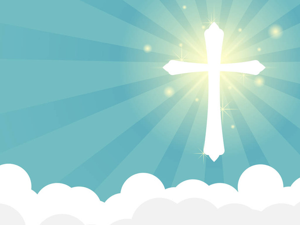 strahlend weißes Kreuz mit Lichtstrahl auf Wolke - Vektor, Bild