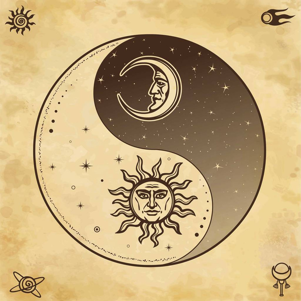 Desenho místico: Sol e lua estilizados com rosto humano, dia e noite. Símbolo zen. Ying yang sinal de harmonia e equilíbrio. Fundo - imitação de papel velho. Ilustração vetorial
.  - Vetor, Imagem