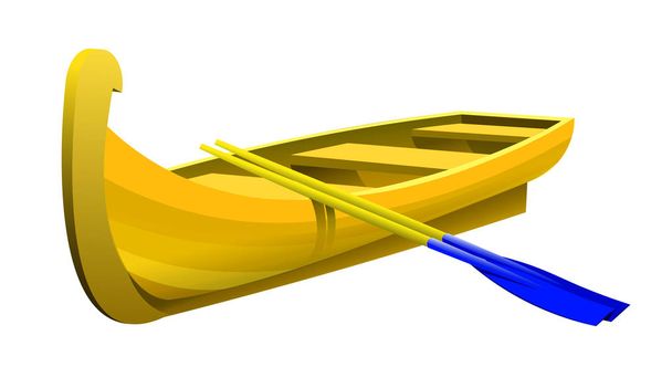 ξύλινο σκάφος για ταξίδια και τουρισμό ή για ψάρεμα από κίτρινες σανίδες με πλαστικά κουπιά, έγχρωμη διανυσματική απεικόνιση που απομονώνεται σε λευκό φόντο σε στυλ clip art - Διάνυσμα, εικόνα