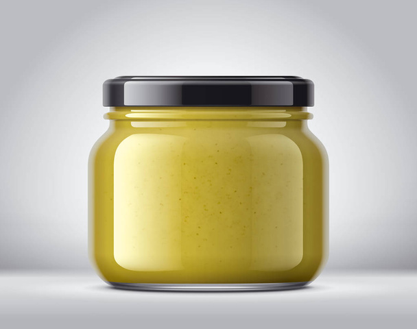 Pot en verre avec moutarde sur fond
.  - Photo, image