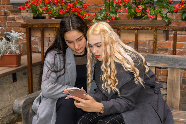 deux copines discuter de quelque chose tout en regardant dans un smartp
 - Photo, image
