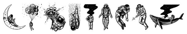 Set of Astronauts in the solar system. Spaceman and whale, taking off cosmonaut, planets in space, balloons and the moon. Engraved hand drawn Old sketch in vintage style. - Vector, Image