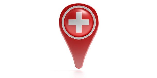 Icono de cruz en un puntero de mapa de color rojo aislado contra fondo blanco. ilustración 3d
 - Foto, imagen