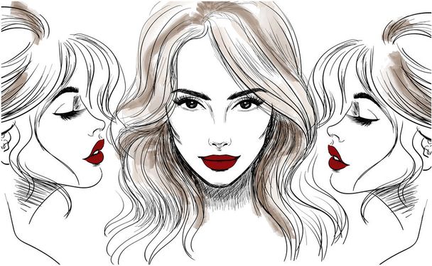três rostos de mulher com bandeira de lábios vermelhos
 - Vetor, Imagem