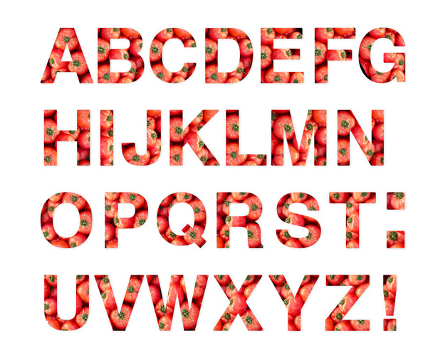 大文字のアルファベット。トマトで作られた各文字。ベゲタブル - 写真・画像