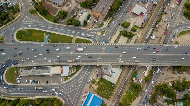 Drones Eye View - soyut karayolu trafik sıkışıklığı üst görünüm, ulaşım konsepti - Fotoğraf, Görsel