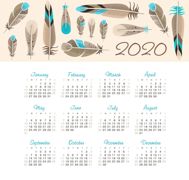 Calendario vectorial 2020 año. La semana comienza el domingo
 - Vector, imagen
