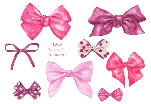 Set of different decorative pink gift bows. Hand painted isolated on a white background. Watercolor illustration. - Photo, Image