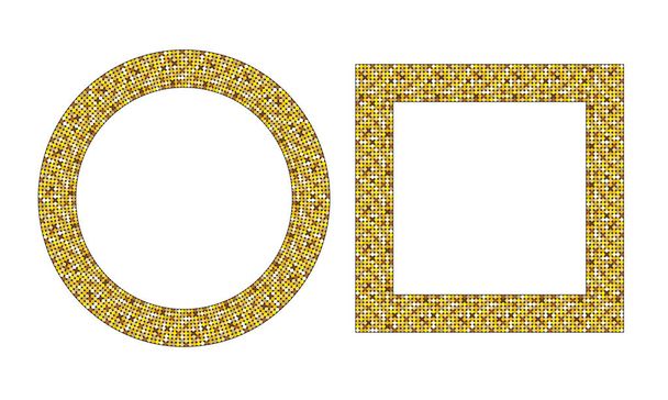 Round and square frame gold dot pattern. Sparkle glitter mosaic. Flashing sequins for wedding invitation, card. Glistening shimmer texture with shiny yellow and brawn paillettes. Vector border. - Vektor, kép
