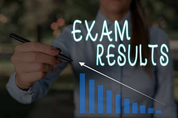 Conceptual hand writing showing Exam Results. Business photo text An outcome of a formal test that shows knowledge or ability Woman wear work suit presenting presentation smart device. - Photo, Image