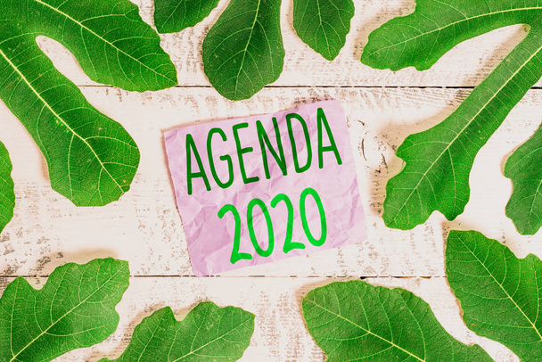 Texto de redacción de palabras Agenda 2020. Concepto empresarial para la lista de actividades en orden de inclusión
. - Foto, imagen