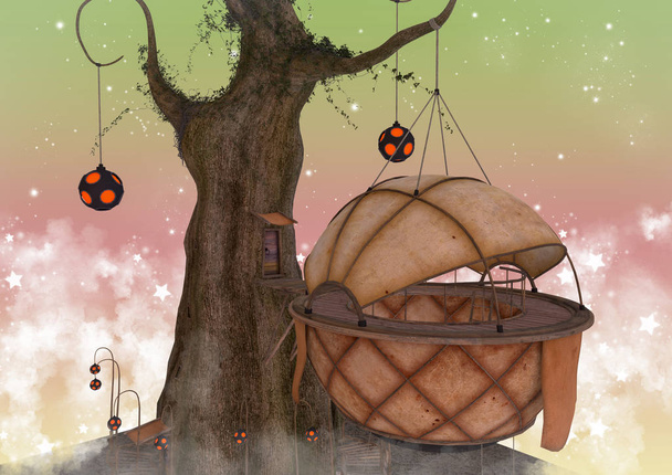 Scène de conte de fées d'une cabane entourée d'un ciel pastel. Illustration 3D
.  - Photo, image