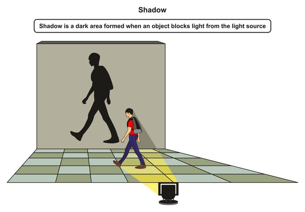 Informační diagram stínové kopie s příkladem chlapce blokující světlo ze zdrojů světla a stínů na zadní stěně k fyzickému vědeckému vzdělávání - Vektor, obrázek