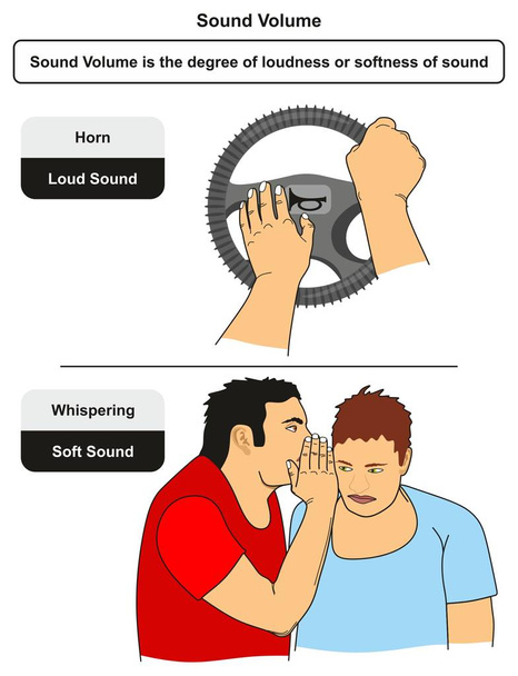 Geluids volume infographic diagram met voorbeelden van hoorn als een luid geluid en fluisteren als een zacht geluid voor natuurkunde wetenschapsonderwijs - Vector, afbeelding