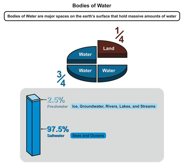 Części wód wykres infograficzny z wykresu kołowego wody i gruntów i odsetek słonowodne i słodkowodne, w tym morze oceanu lodu wód podziemnych rzeki jeziora dla edukacji naukowej - Wektor, obraz