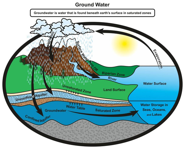 水のサイクルを示す地下水インフォグラフィック図と、それが限られた帯水層で地球層の飽和地帯に格納される方法も地質科学教育のための水テーブルを示しています - ベクター画像