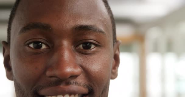 Portrait close up of a young African American male business creative working in a modern office, smiling to camera - Filmagem, Vídeo