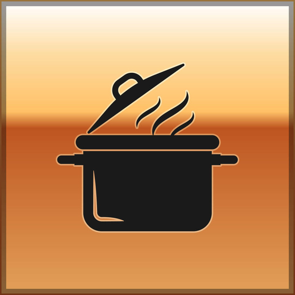 Siyah Pişirme pot simgesi altın arka plan üzerinde izole. Kaynatın veya güveç gıda sembolü. Vektör İllüstrasyonu - Vektör, Görsel