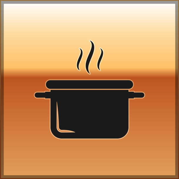 Черный кухонный горшок, выделенный на золотом фоне. Вскипятить или тушить пищевой символ. Векторная миграция
 - Вектор,изображение