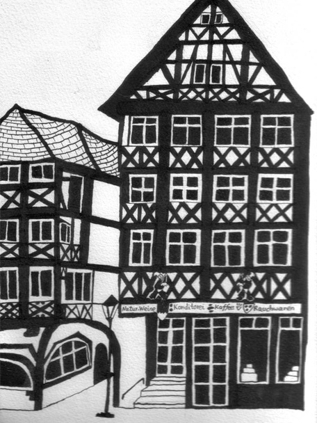 Исторические деревянные дома, рисование чернилами вручную
 - Фото, изображение