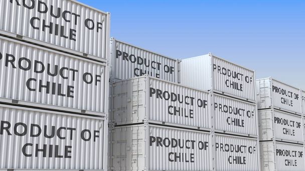 Containers with PRODUCT OF CHILE text. Chilean import or export related 3D rendering - Φωτογραφία, εικόνα